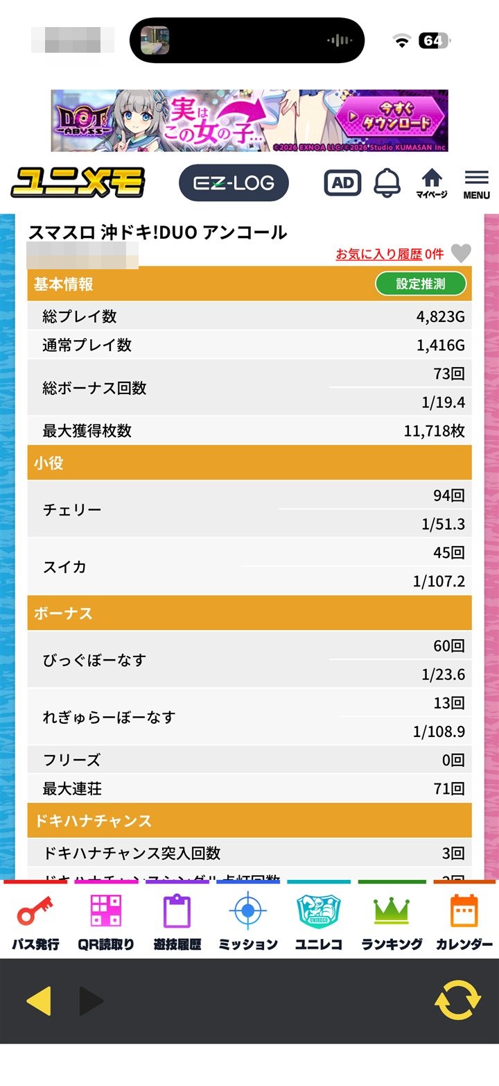 ユニメモ 最大獲得枚数11,718枚 最大連荘71回